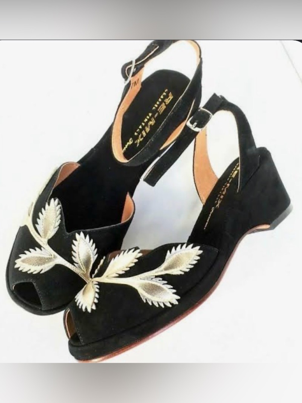 NIB Re-Mix Vintage Shoes Flora Black Suede Gold Leaf Wedges Sz 9